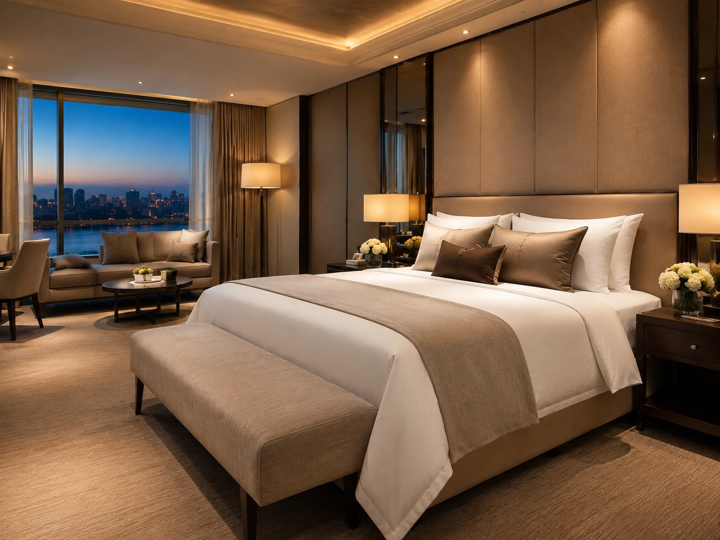Premium complete-room hospitality composition with bed textiles as the focal point