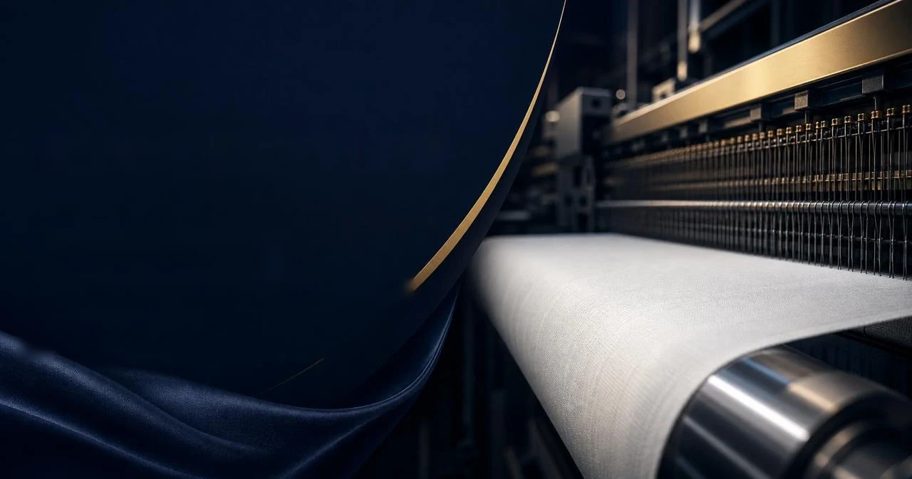 Dark navy fabric running through a modern textile loom