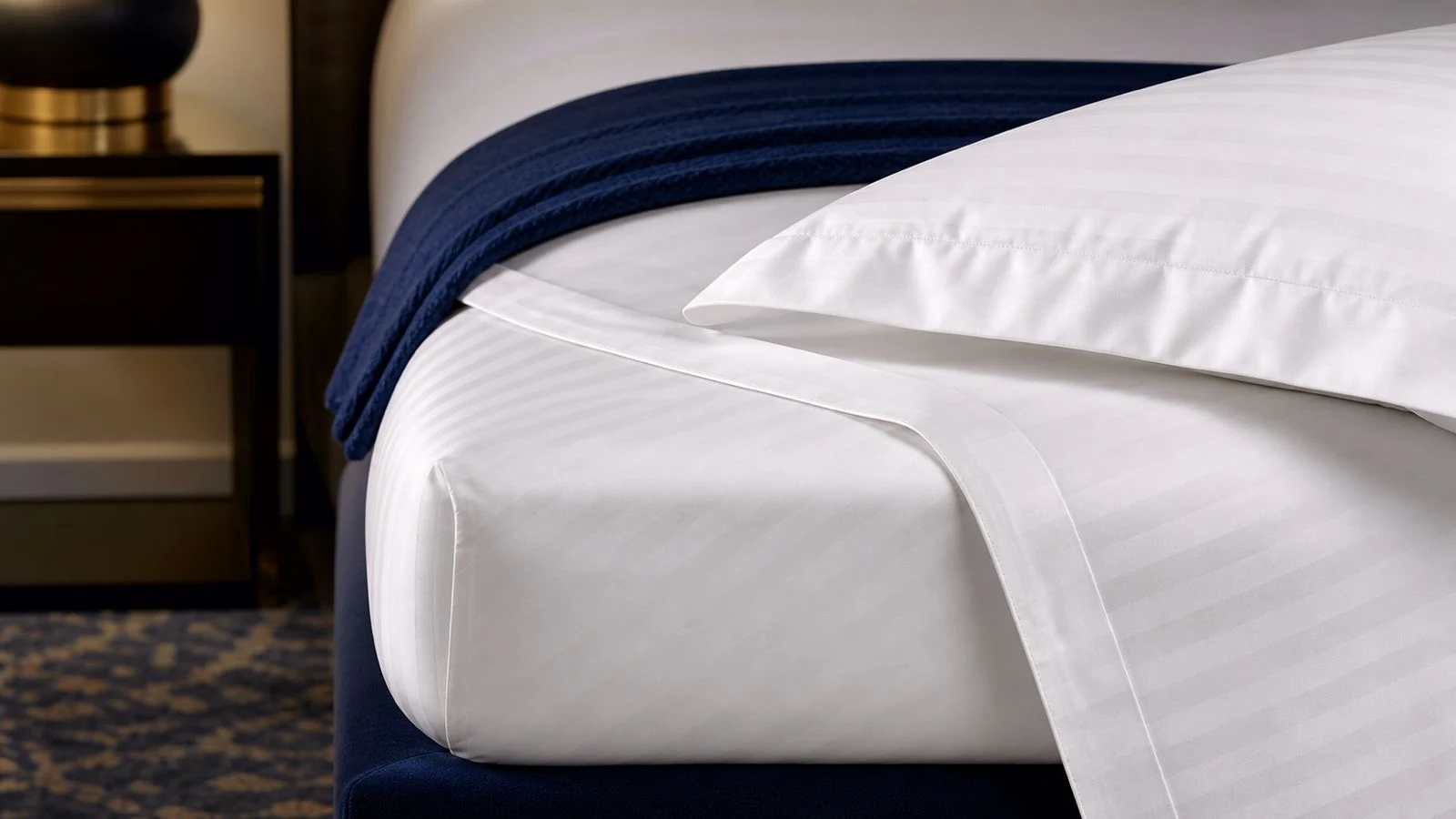 Hospitality sateen stripe bed linen close-up