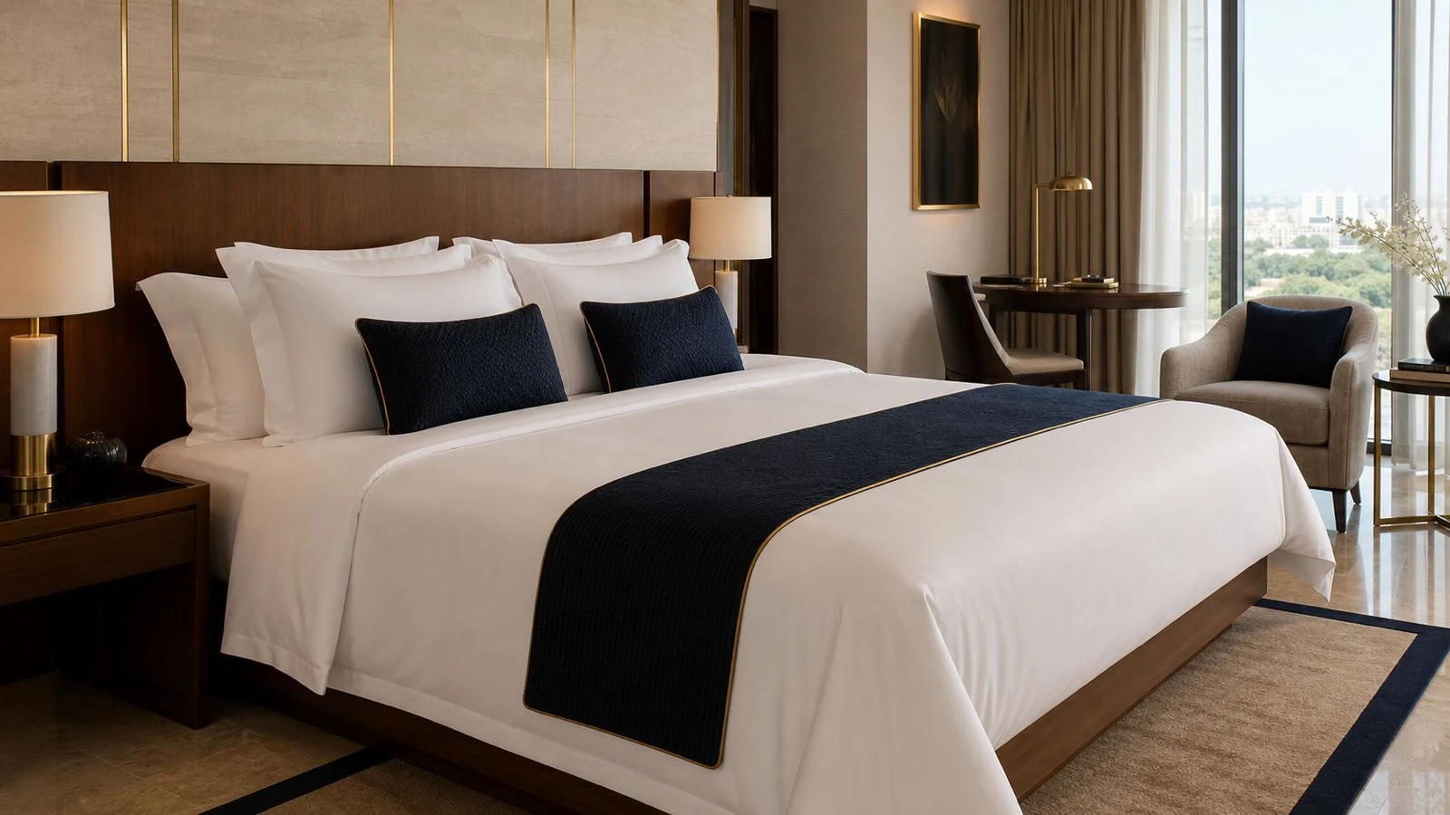 Premium hospitality sateen stripe bed linen in a hotel room