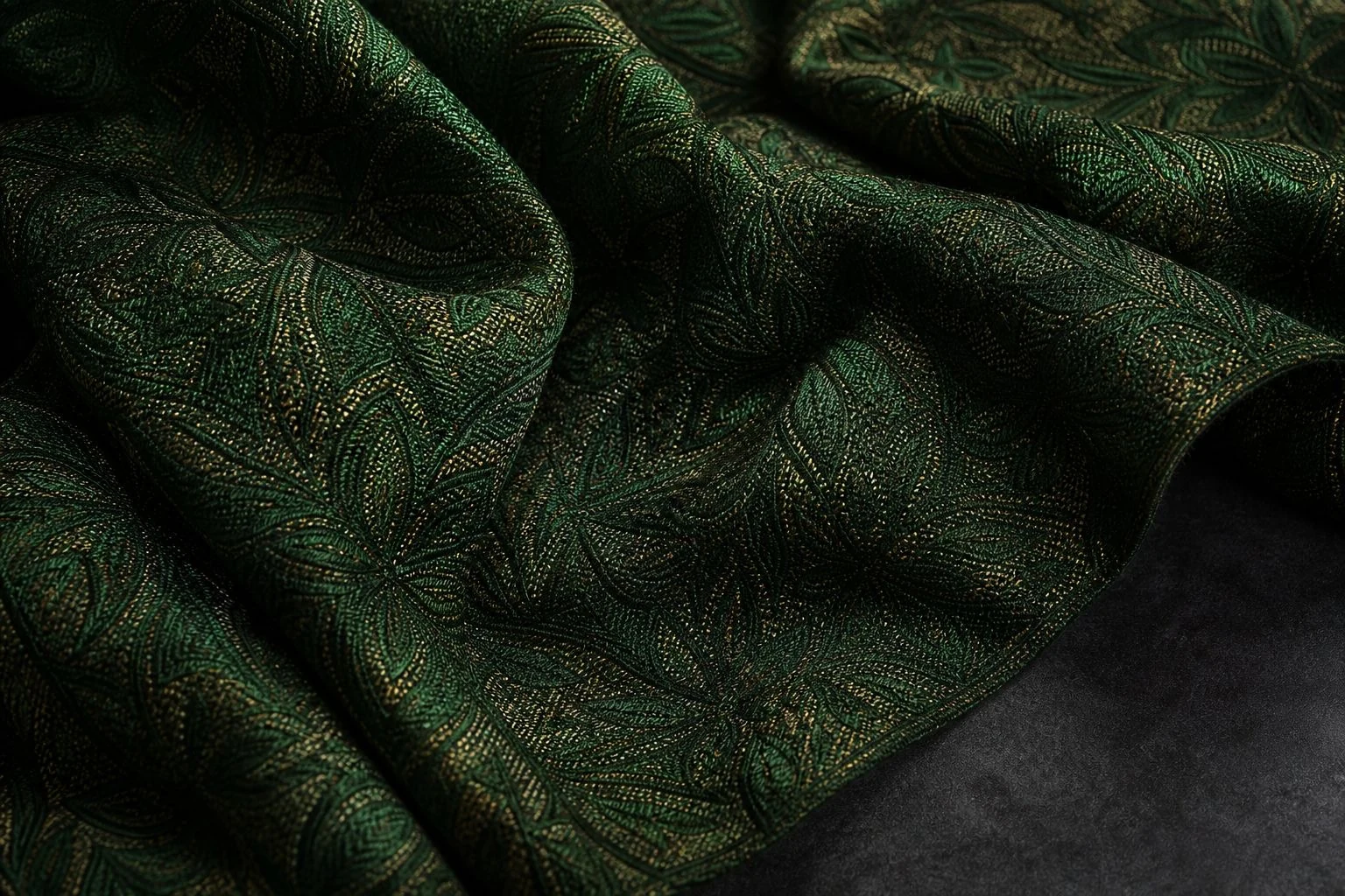 Deep green and gold jacquard fabric