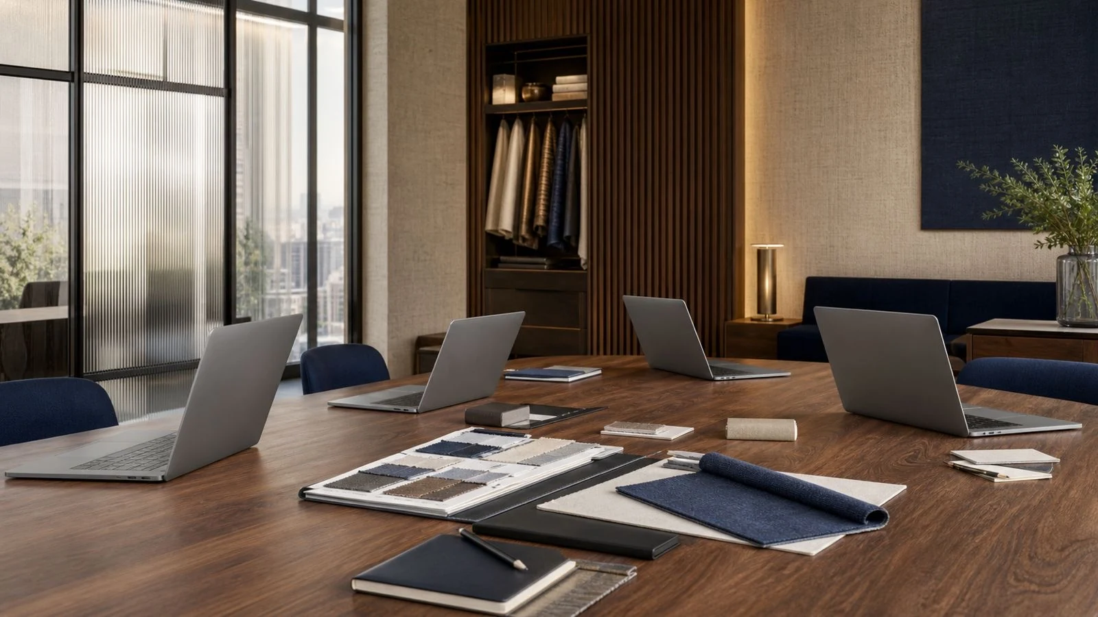 Illustrative textile sourcing and sample development room