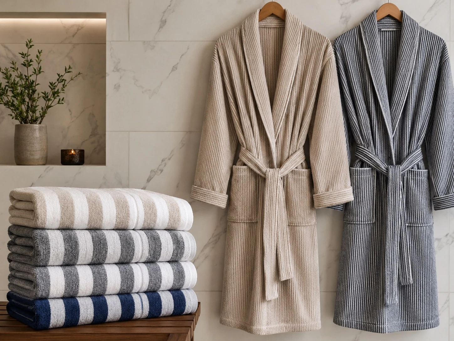 Yarn-dyed striped towels and bathrobes